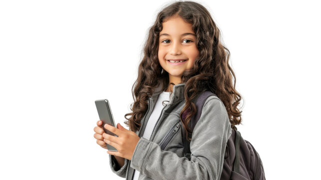 Smiling student girl using smartphone with transparent background