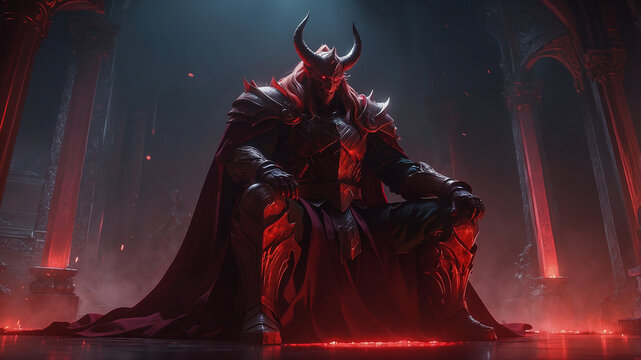 Dark Overlord Sitting on Throne in Fiery Dungeon