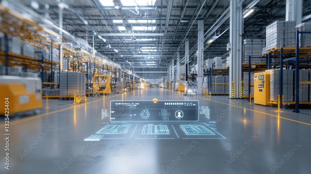 Poster a modern high tech warehouse facility with automated systems robotics and digital infrastructure des