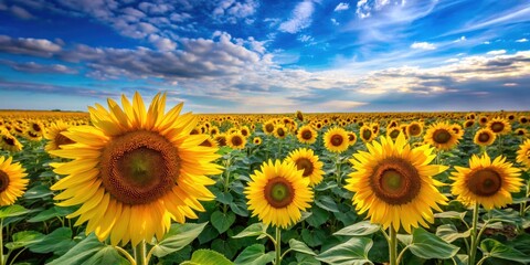 Obraz premium Vibrant sunflower field with blue sky in the background, sunflowers, field, bright, colorful, summer, nature, blooming