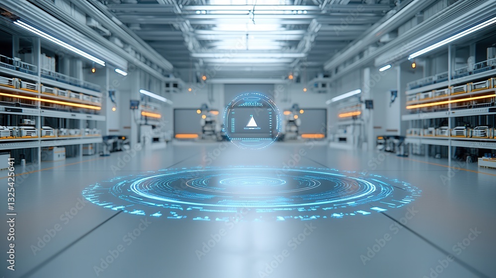 Poster a sleek state of the art warehouse facility where cutting edge logistics automation and digital tech