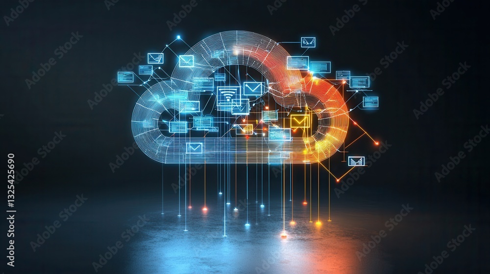 Poster vibrant and dynamic cloud computing network icon featuring a visually striking two tone design with 