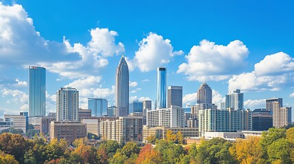 Fototapeta premium Atlanta downtown skyline with iconic skyscrapers and hotels under clear blue sky