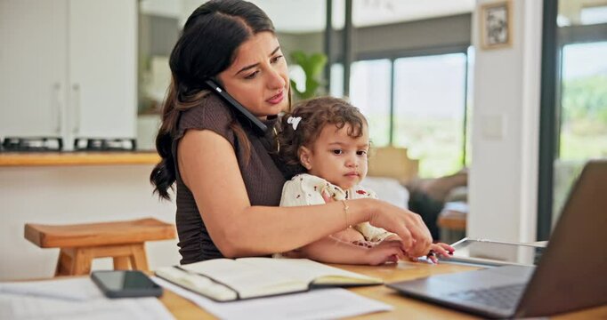 Remote work from home, phone call and mother with kid, multitasking and conversation. Family, parent and mama with baby, child or cellphone with discussion, deadline and talking with tech or chaos