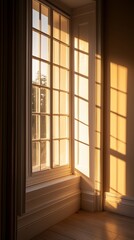 Sunlight streams through a large window in a classic room, illuminating the walls and floor.