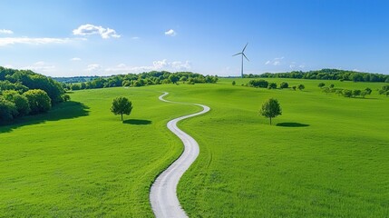 Obraz premium A peaceful rolling green meadow with a single wind turbine generating clean renewable energy in a picturesque countryside setting