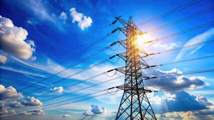 High voltage electric pole towering against a bright blue sky background ,  electricity, power
