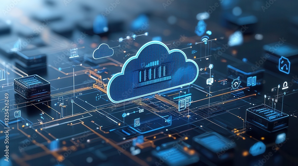 Poster futuristic cloud based hosting infrastructure icon showcasing the of cutting edge digital technologi