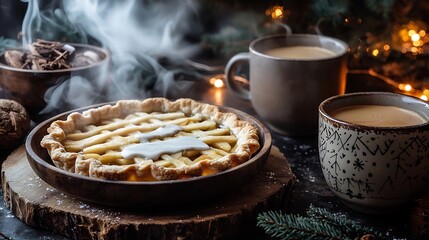 Hygge holiday breakfast warm apple pie served vanilla sauce rustic wooden bowls steaming mugs of coffee soft fairy lights in the background