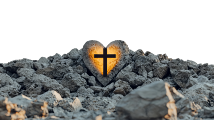 Png of A heart-shaped stone with a cross, symbolizing faith amidst a rocky landscape on transparent background.