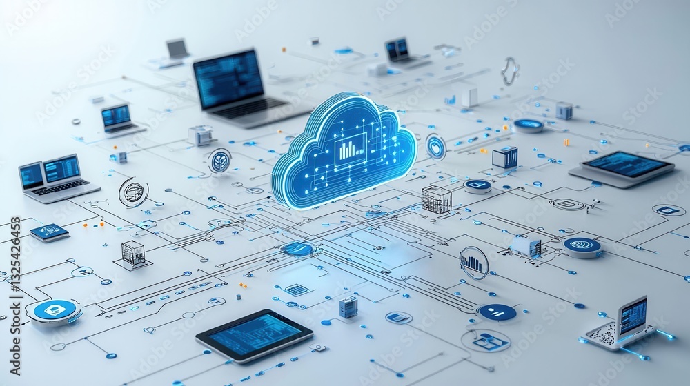 Poster futuristic image depicting a cloud technology concept with various digital devices and icons represe