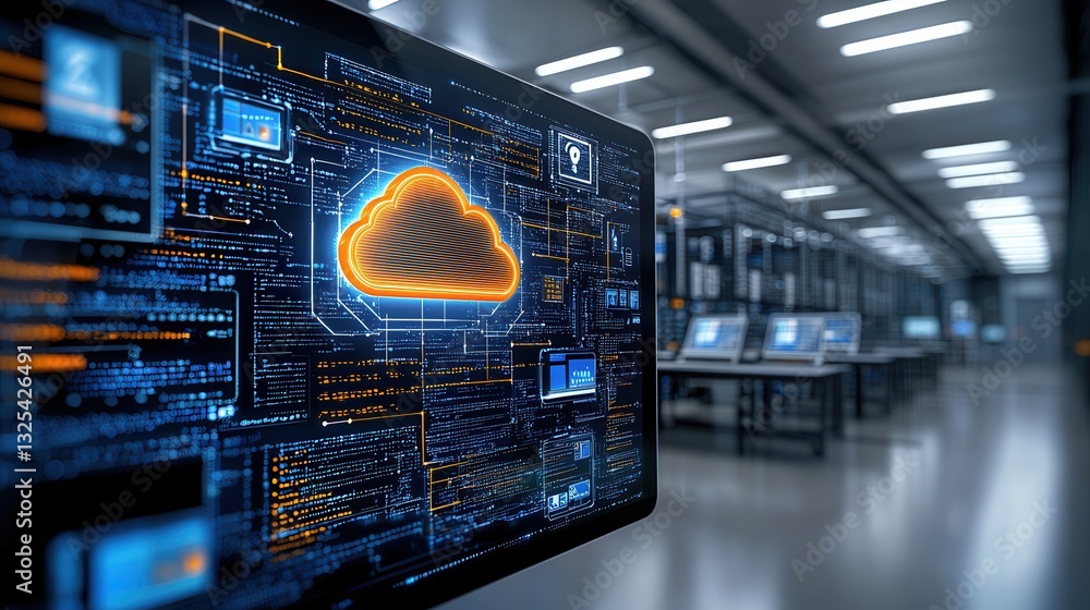 Poster a digital rendering of a high tech cloud computing concept featuring a central glowing cloud icon su
