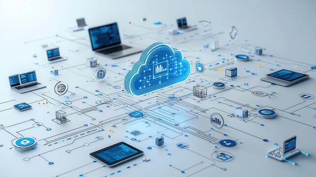 Futuristic image depicting a cloud technology concept with various digital devices and icons representing connectivity data storage and cloud based services
