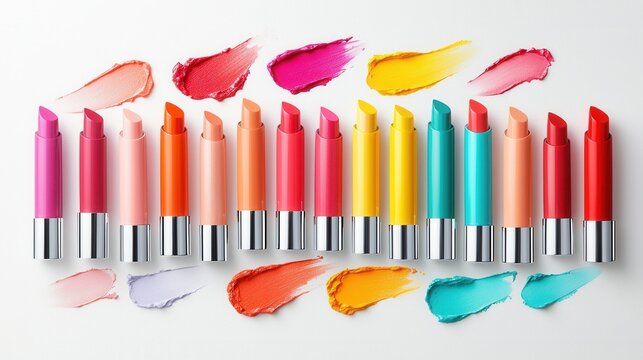 A visually captivating display of an array of lipstick colors in a range of bold contrasting hues and textures