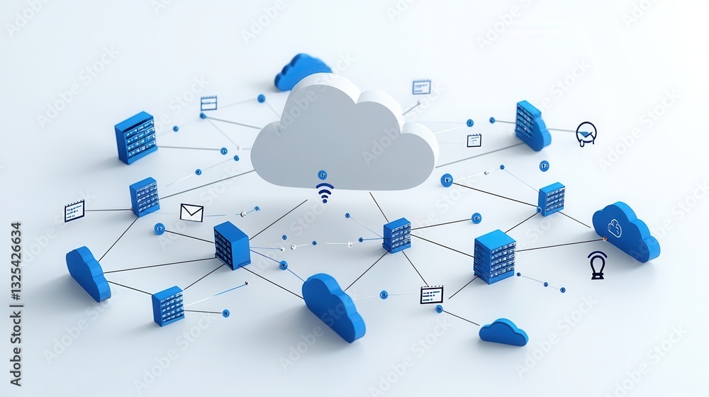 Poster a digital network of interconnected cloud hosting icons and infrastructure representing the of cloud