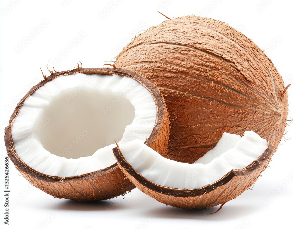 Poster fresh coconut shell cut open with exposed white flesh and texture displayed isolated on clean backgr