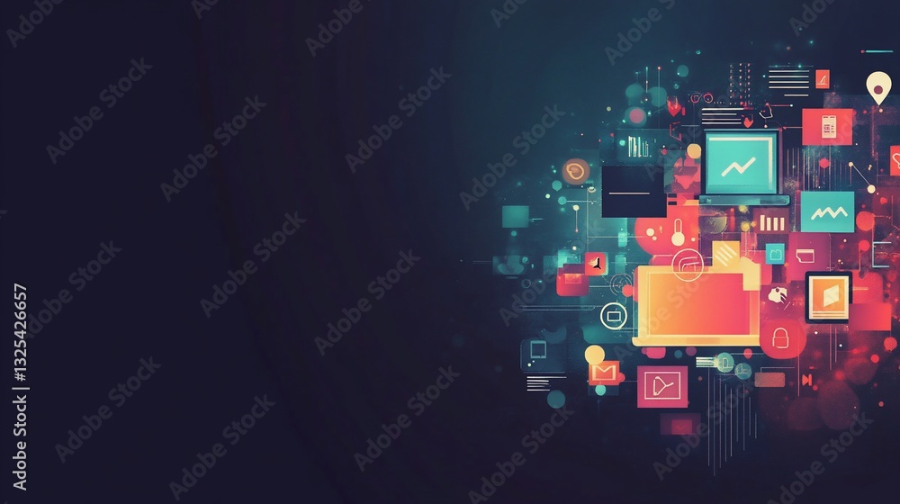 Poster abstract digital network with glowing icons and gadgets on dark background