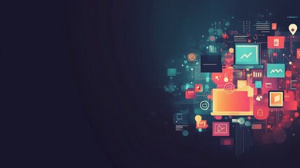 Abstract Digital Network with Glowing Icons and Gadgets on Dark Background