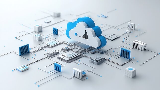 A digital depicting a cloud based hosting network with various interconnected servers databases and devices showcasing the technology and infrastructure behind modern cloud computing solutions