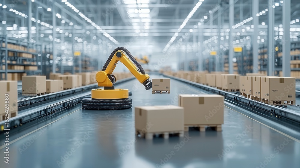 Poster a highly automated and technologically advanced warehouse featuring robotic arms efficiently handlin