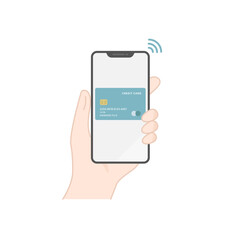 クレジットカードを登録したスマホでキャッシュレス決済するアイコン・イラスト