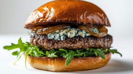 Mouthwatering blue cheese burger with arugula,