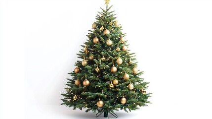 Fototapeta premium Isolated Christmas tree perfectly symmetrical lush green branches decorated with golden baubles and fairy lights