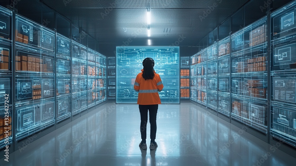 Poster a worker wearing a uniform walks through a futuristic technology driven warehouse filled with rows o