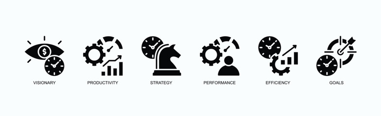 Success Metrics Icon Set Icon Set Isolated Vector Illustration Concept With Icon Of Visionary, Productivity, Strategy, Performance, Efficiency, Goals In Glyph Style