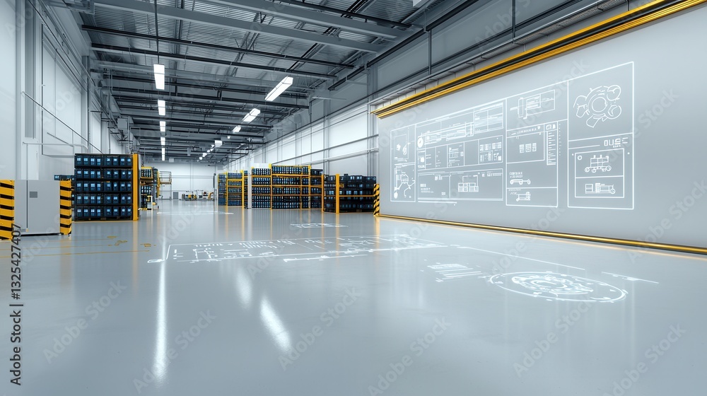 Poster this image depicts the interior of a futuristic high tech warehouse designed for efficient storage d