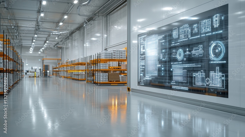 Poster a massive state of the art warehouse facility with a highly integrated digital control system and ad