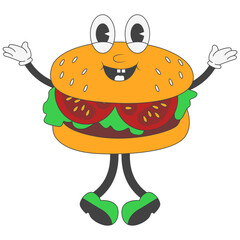 Burger Groovy Character in Cartoon Design. Vector Illustration