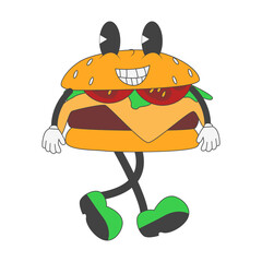 Burger Groovy Character in Cartoon Design. Vector Illustration