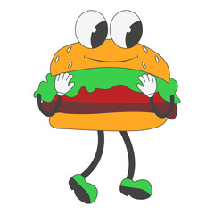 Burger Groovy Character in Cartoon Design. Vector Illustration