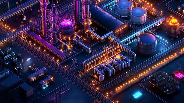 Industrial complex at night, brightly lit