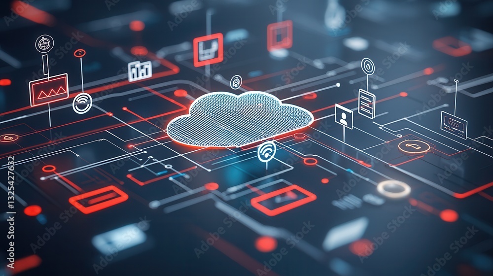 Poster a complex digital network depicting a modern cloud computing system with various interconnected tech