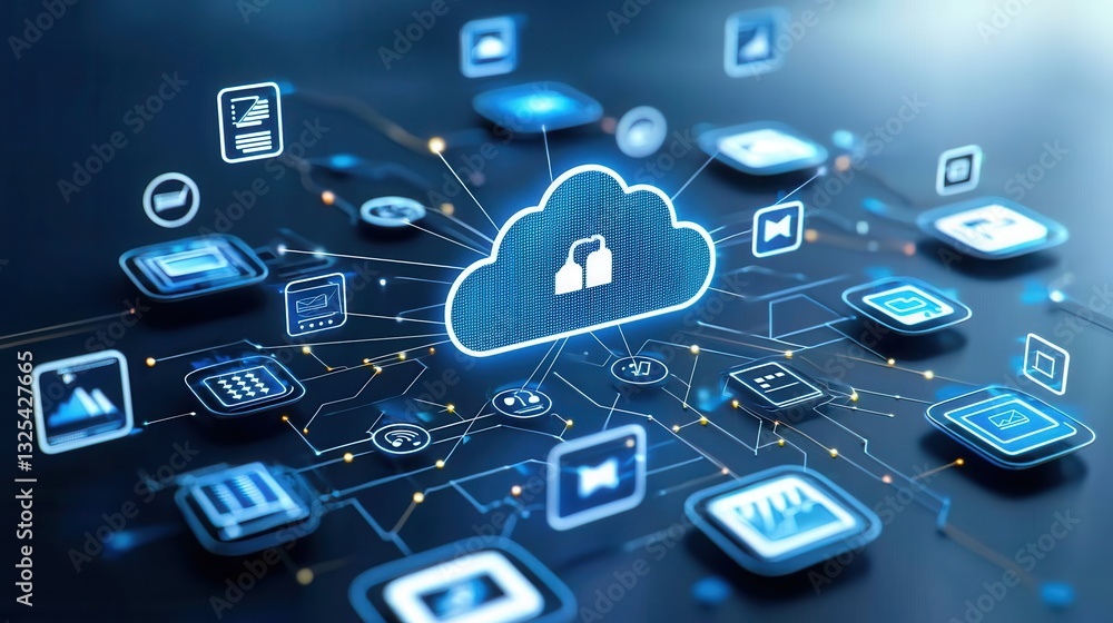 Poster of a cloud based computing system with various interconnected digital icons representing data connec