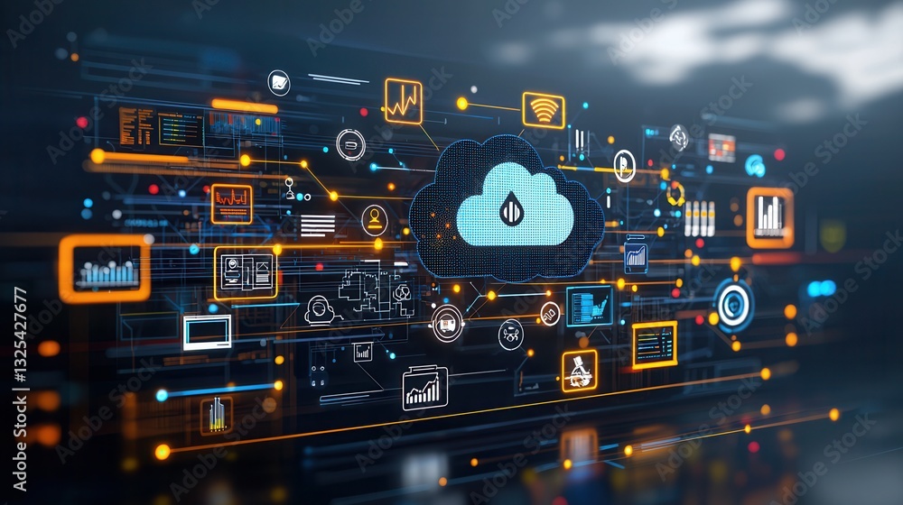 Poster of a complex interconnected cloud based computing system with various digital technologies and servi