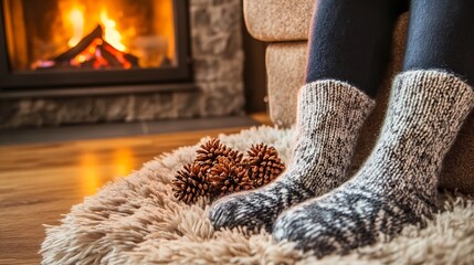 Fototapeta premium Knitted socks a warm rug Feet in cozy wool socks resting on a fluffy rug next to a crackling fireplace