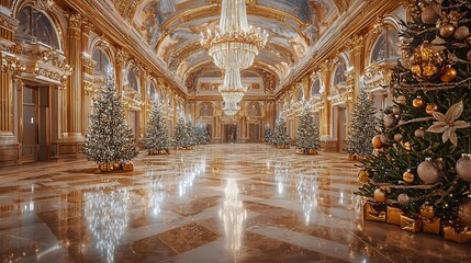 Lavish Christmas ballroom grand chandeliers luxurious gold silver decor polished marble floors elegant festive aesthetic
