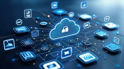 of a cloud based computing system with various interconnected digital icons representing data connectivity and cloud technology services