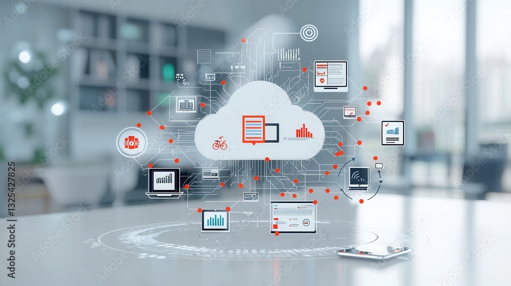 Poster futuristic showcasing a complex cloud computing network with interconnected devices data storage and