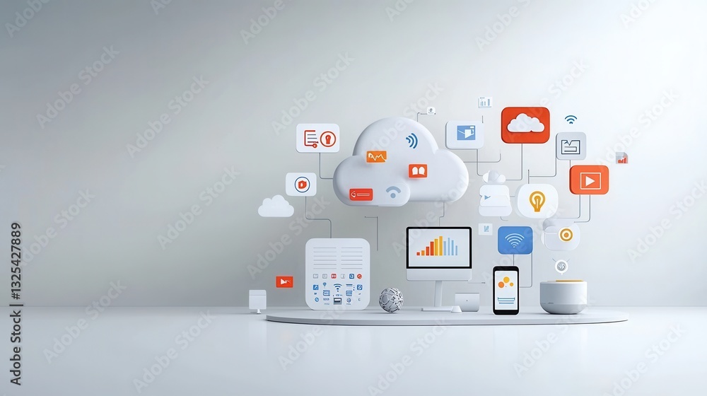 Poster visually compelling of the cloud technology featuring an array of digital devices icons and cloud ba
