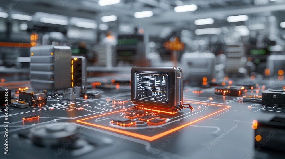 Poster a futuristic and sleek digital circuit board with glowing lights symbolizing a high tech hosting net