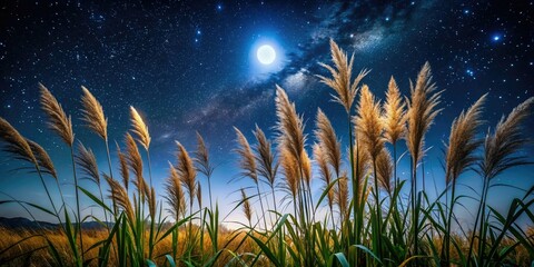 Dark meadow, illuminated by moonlight; starry sky above, grass silhouettes below.