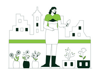 Young female farmer carrying a sack of fertilizer and a shovel. Urban Farming illustration. Flat vector illustration concept.