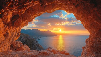 Sunset view from a cave overlooking the sea.