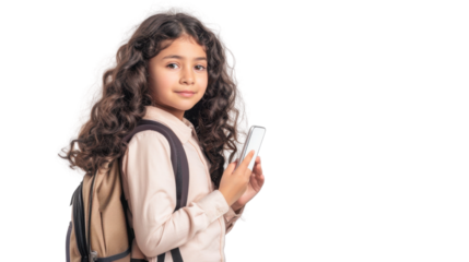 Schoolgirl with backpack using smartphone on transparent background