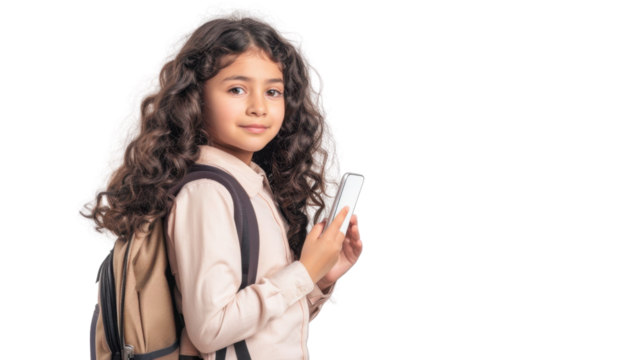Schoolgirl with backpack using smartphone on transparent background