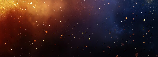 Abstract cosmic background with orange and blue nebula and glittering particles.